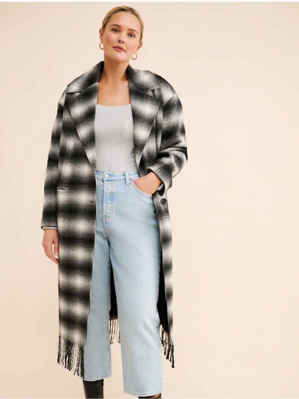 NWOT Anthropology Avec Les Filles Black & White Plaid Long Fringe Coat